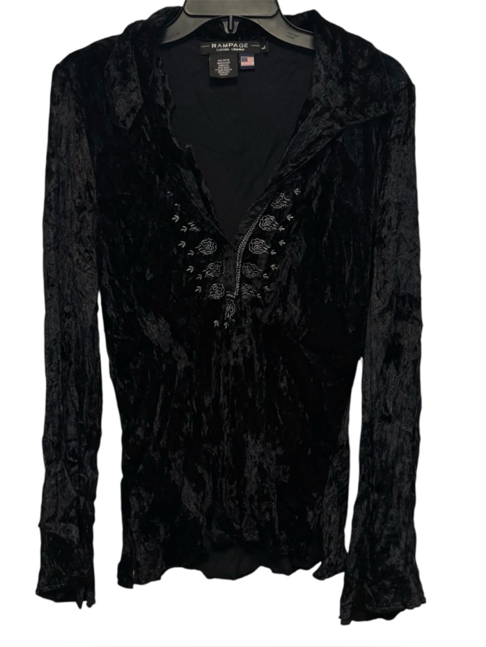 VTG Y2K Rampage Top Womens Large Black Velour Whimsigoth Fairy Grunge Embroider